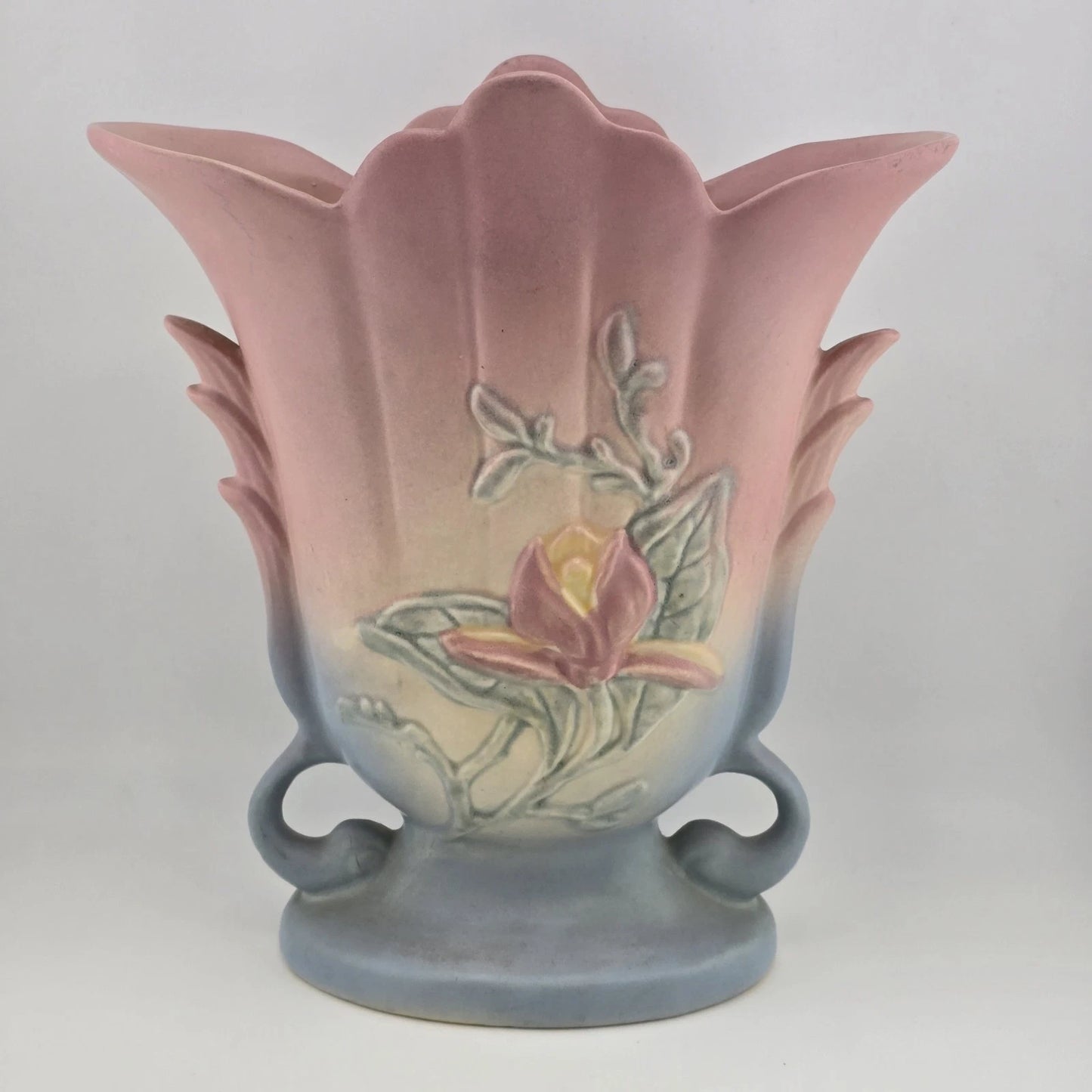 Hull Art Pottery Magnolia Vase 8.5" Pink Blue Matte Winged Handles 1946 USA