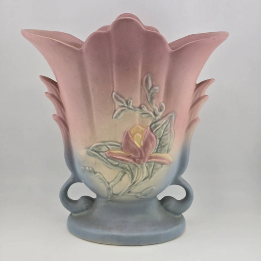 Hull Art Pottery Magnolia Vase 8.5" Pink Blue Matte Winged Handles 1946 USA