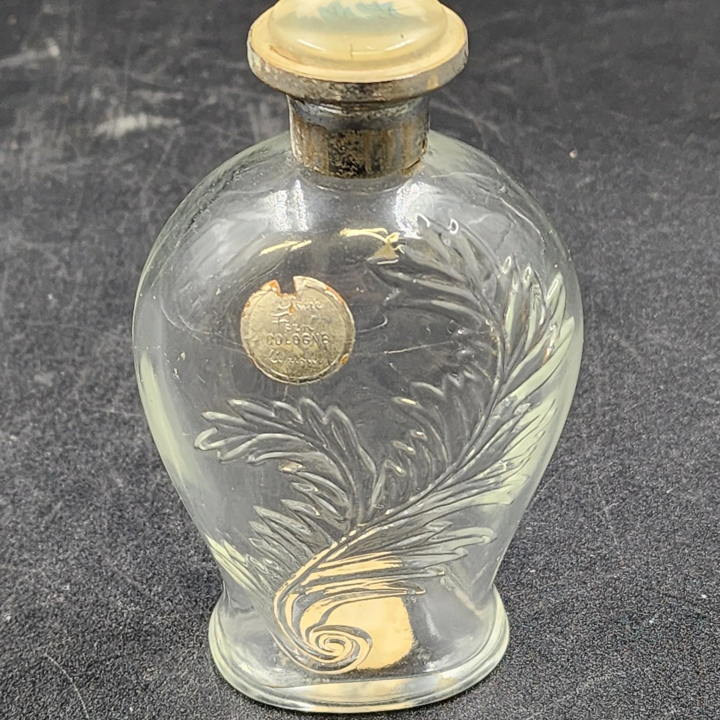 Wrisley Blue Fern Cologne Bottle 4.25 oz Clear Glass Silver Lid Empty 1950 Vtg