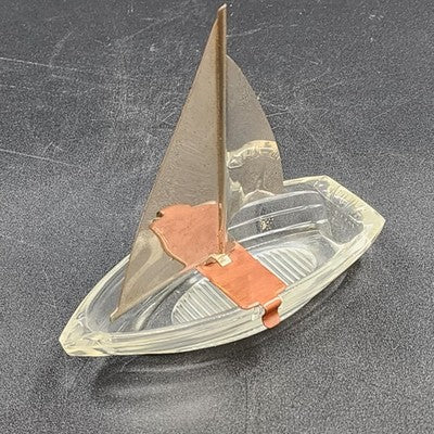 Art Deco Sailboat Glass Metal Mast Sail Ashtray Nautical Decor Vintage 6"x2.75"