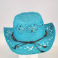 Something Special Turquoise Cowboy Hat Paper Straw Open Weave Brown Beads Boho