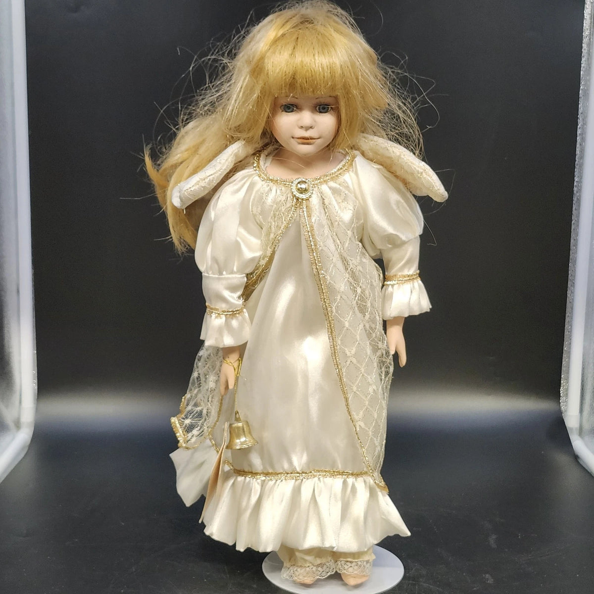 Treasures in Lace Porcelain Angel Doll Blonde White Gold Dress 17" Vintage