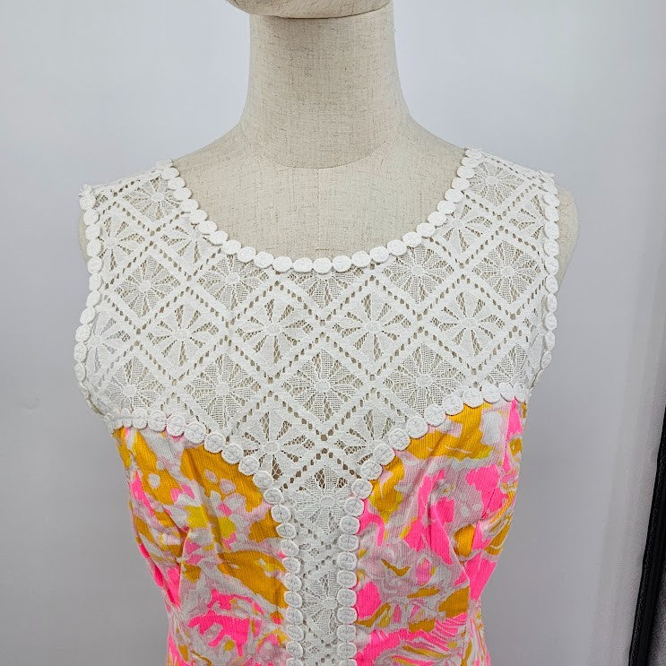 Lilly Pulitzer Sz 8 Pink White Lace Lined Back Zip Sleeveless Retro Dress