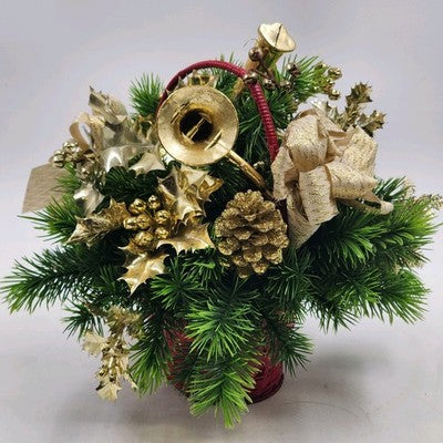 Floral Arrangement Christmas Basket Greenery Holly Red Basket 10" Gold Bow