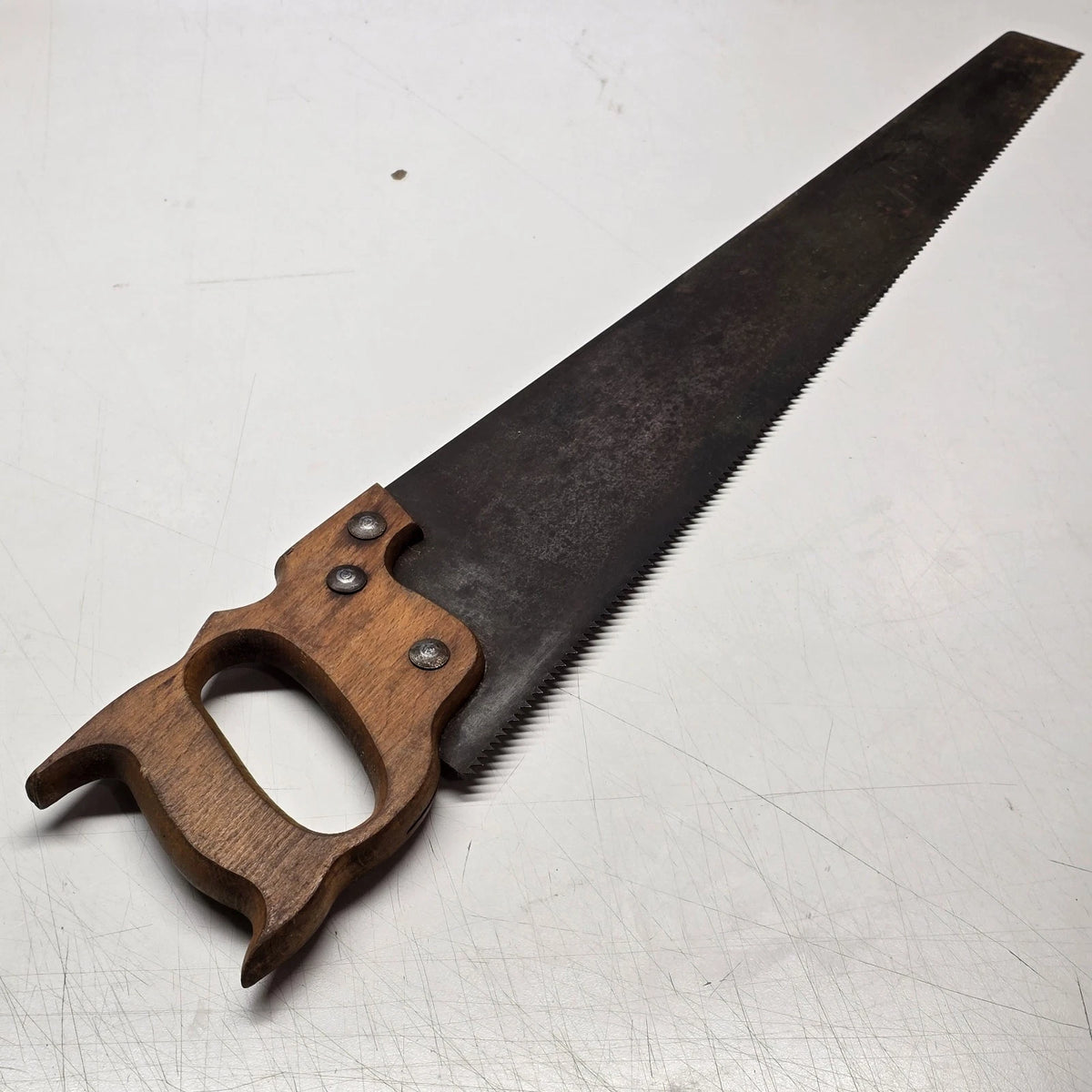 24" Hand Saw Wood Handle 3 Fastener Carpenter Woodworking Tool Vintage