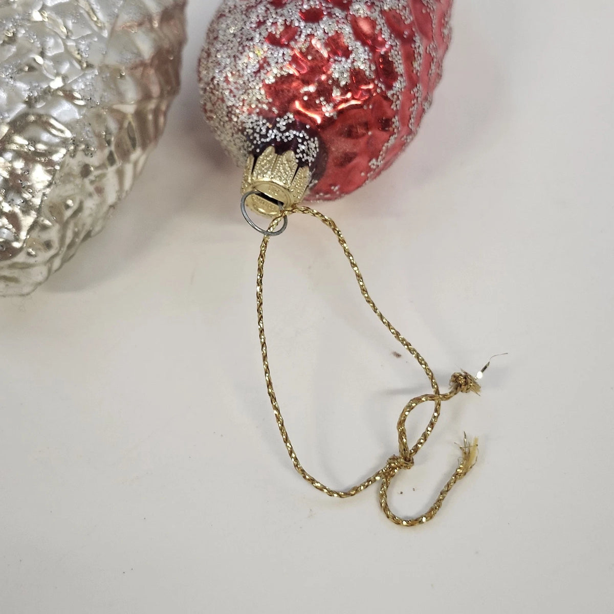 Columbia Glass Pinecone Christmas Ornaments Red Silver Pair 3.5" Missing Cap