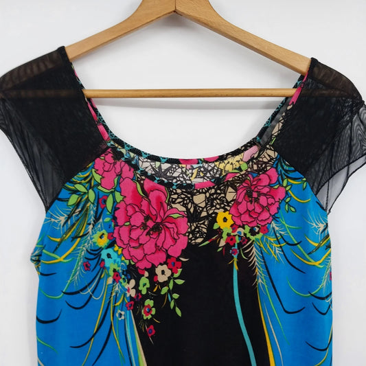 Tropical Floral Silk Maxi Dress M-L Caftan Mrs Roper Style Long Summer Belt