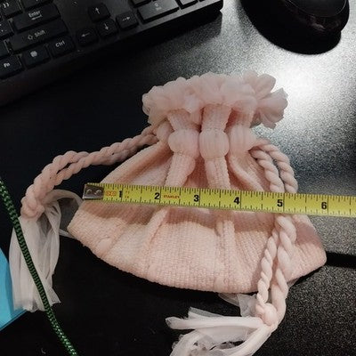 Cream Pink Textured Fabric Tulle Cosmetic Jewelry Drawstring Purse Pouch Bag