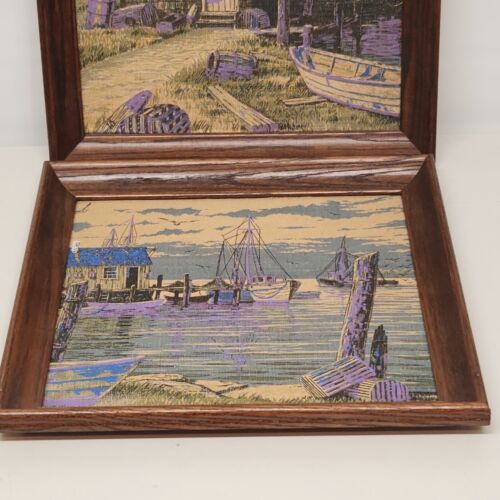 2 Painted Burlap Wall Prints Art Framed Noreaster Fishing Port Heavy into Purple