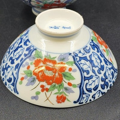 Set of 6 Japanese Imari Porcelain Bowls – Footed Noodle Ramen Flower Design | Vintage Red & Blue