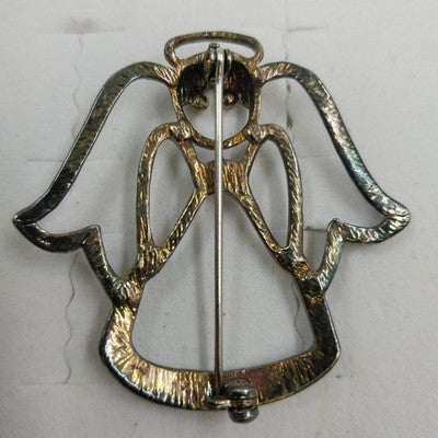 Silver Tone Open Work Angel Brooch with Rhinestone Eyes Halo 1.75" x 2" Vintage