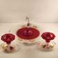 Indiana Glass Tidbit Serving Tray w Handle & 2 Candle Sticks Red White to Clear