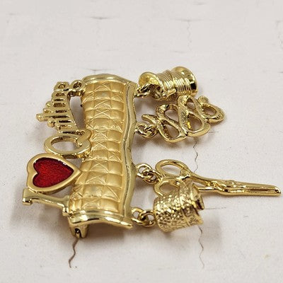 Danecraft Gold Tone I Love Quilting Decorative Brooch Pin Scissor Needle Thread