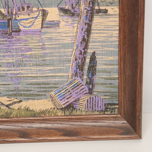 2 Painted Burlap Wall Prints Art Framed Noreaster Fishing Port Heavy into Purple