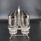 Kimiko Silver Knight Shield Highball Glasses 5.5" Set of 8 Metal Carrier MCM Vtg