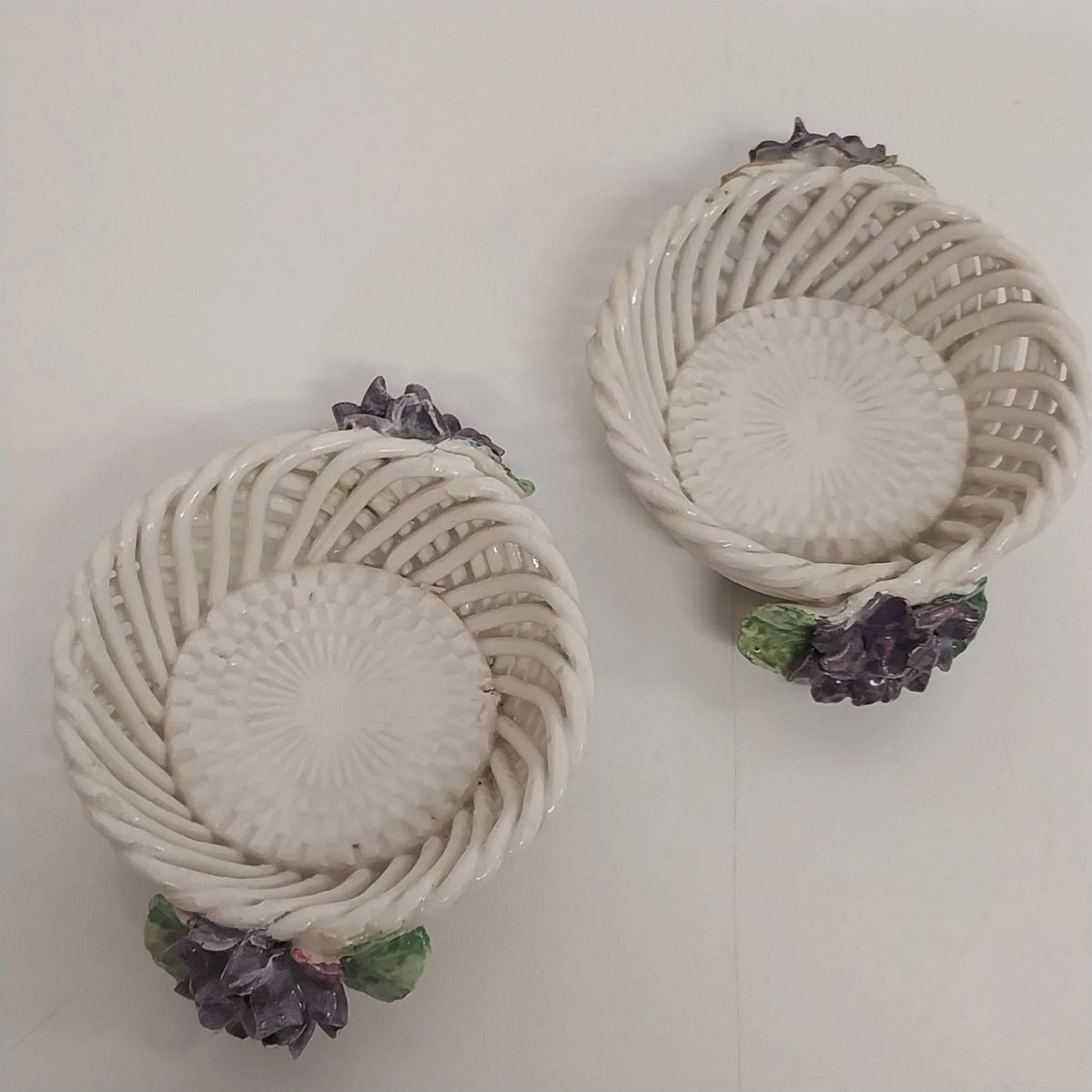 Italian Ceramic Lattice Trinkets Baskets Purple Violets Floral Pair 3" Vintage