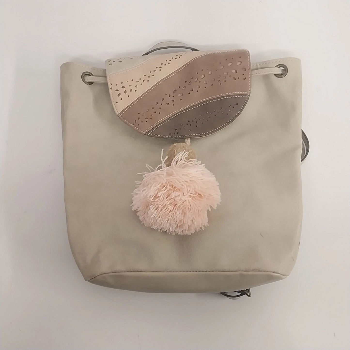 Beige Faux Leather Backpack Purse Bucket Bag Drawstring Tassel – BackRoadPicking