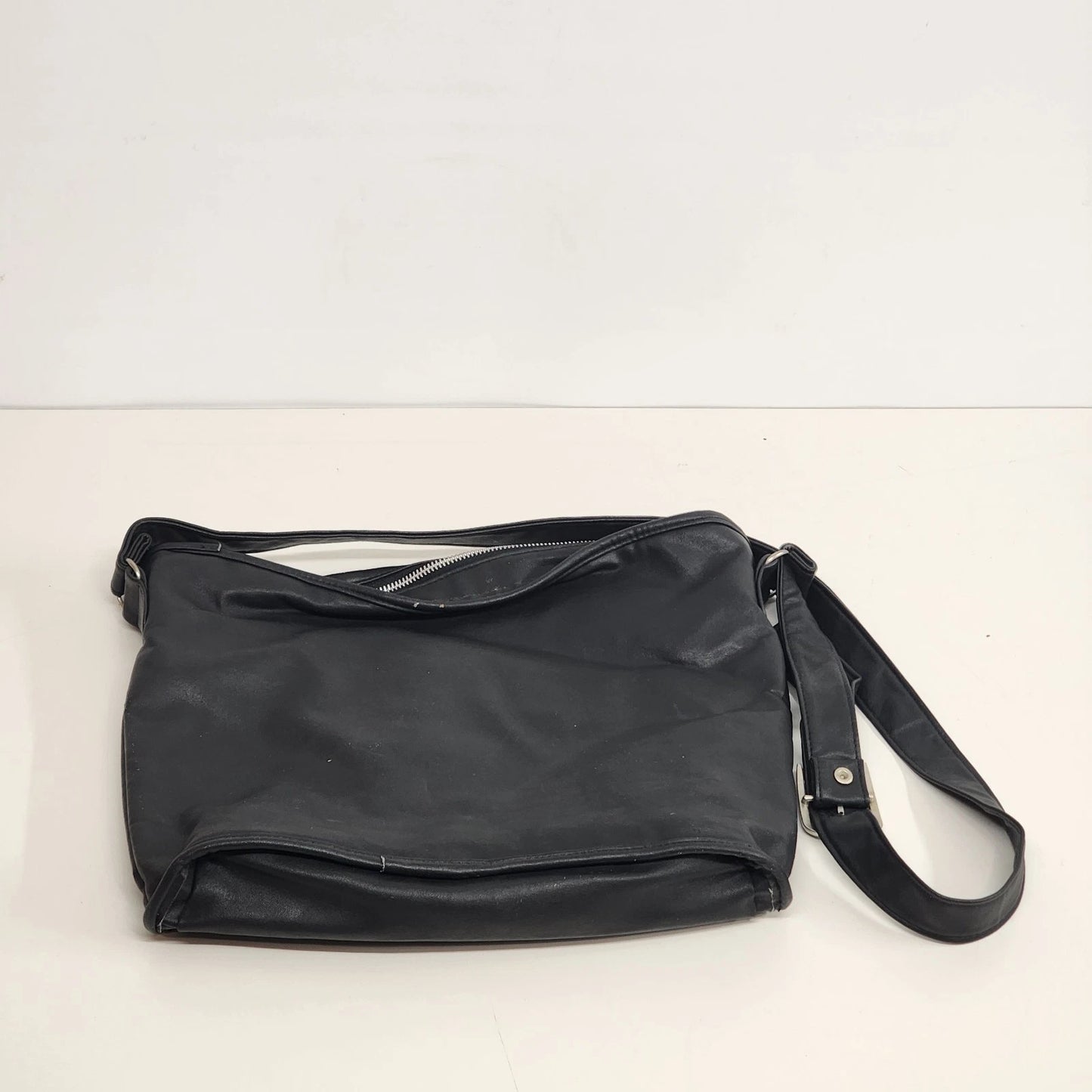 MHNY Black Leather Crossbody Satchel Three Compartment Purse