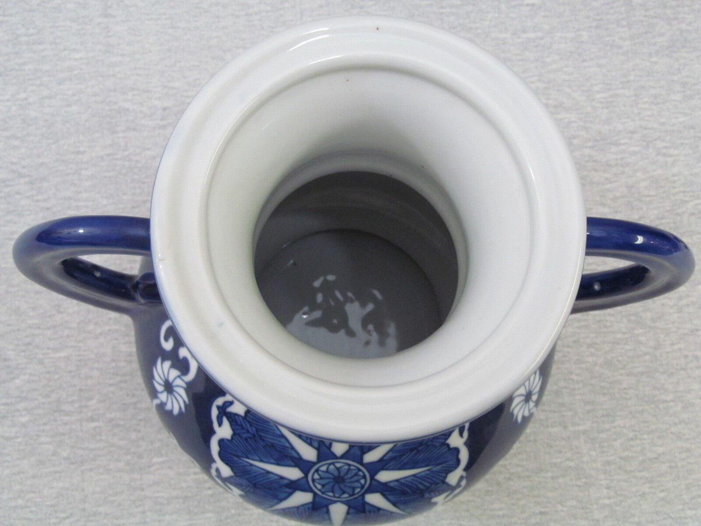 Blue and White Pottery Jar Decorative Piece with Two Handles & Lid