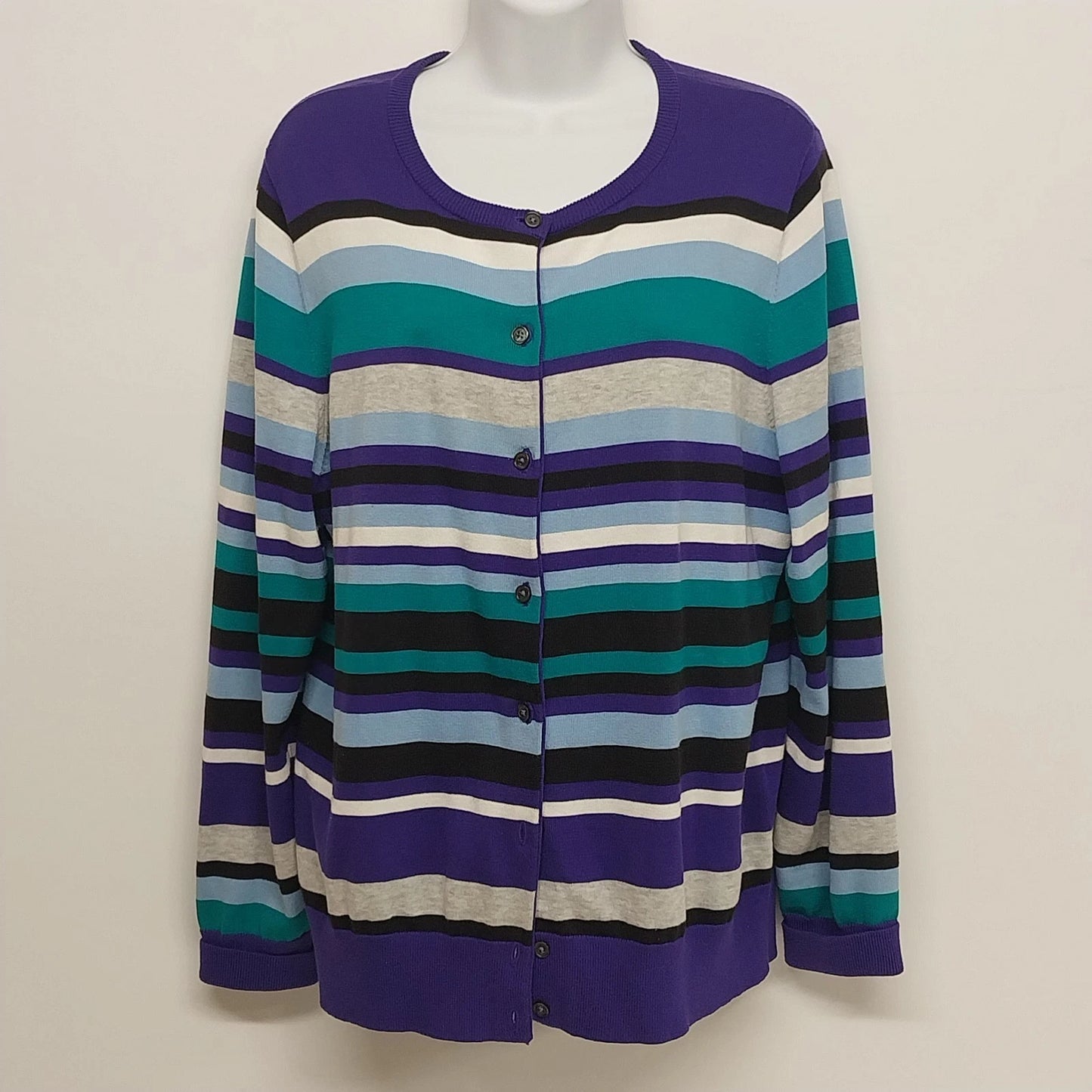 Lands' End Supima Cotton Cardigan Sweater Women Large 14-16 Blue Striped Button