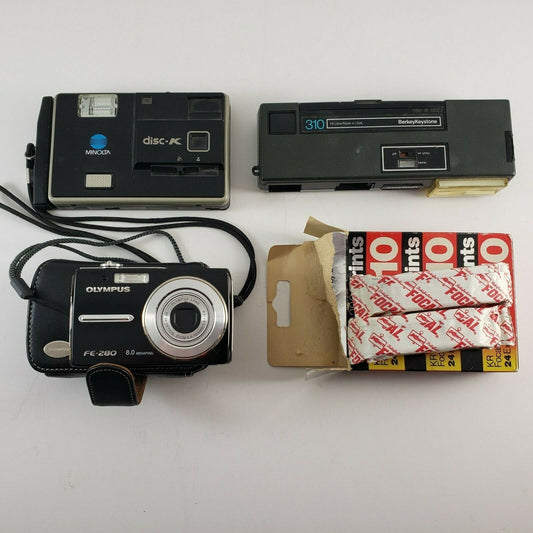 3 Vintage Cameras 2 Rolls 110 FILM Olympus FE 280 Digital Berkey Keystone Disc K