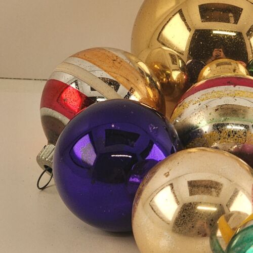 12 Glass Blown Christmas Ornaments Vintage Bell Ball Shaped Striped Solid Varies