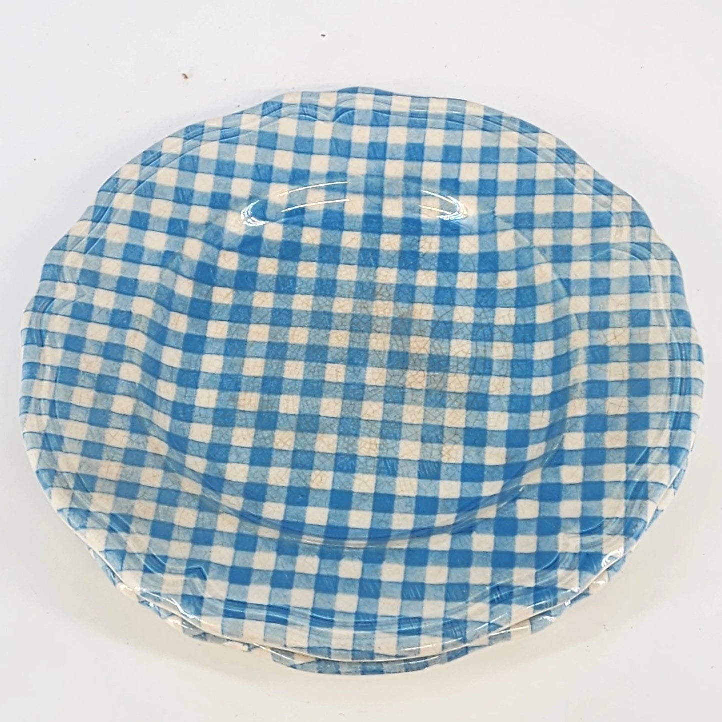 2 Linda Ironstone 4008 Salad Plates Blue White Gingham 7.5" Japan Crazing
