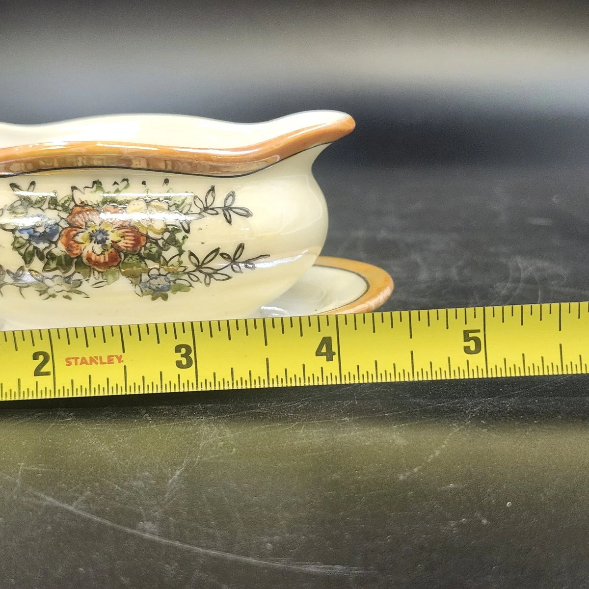 Porcelain Gravy Boat w Underplate 4.5" Floral Cream Orange Gold Trim Japan