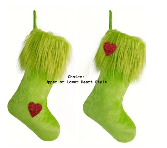 Green Grinchy Christmas Stocking Red Heart Glitter Loves Fuzzy 18"