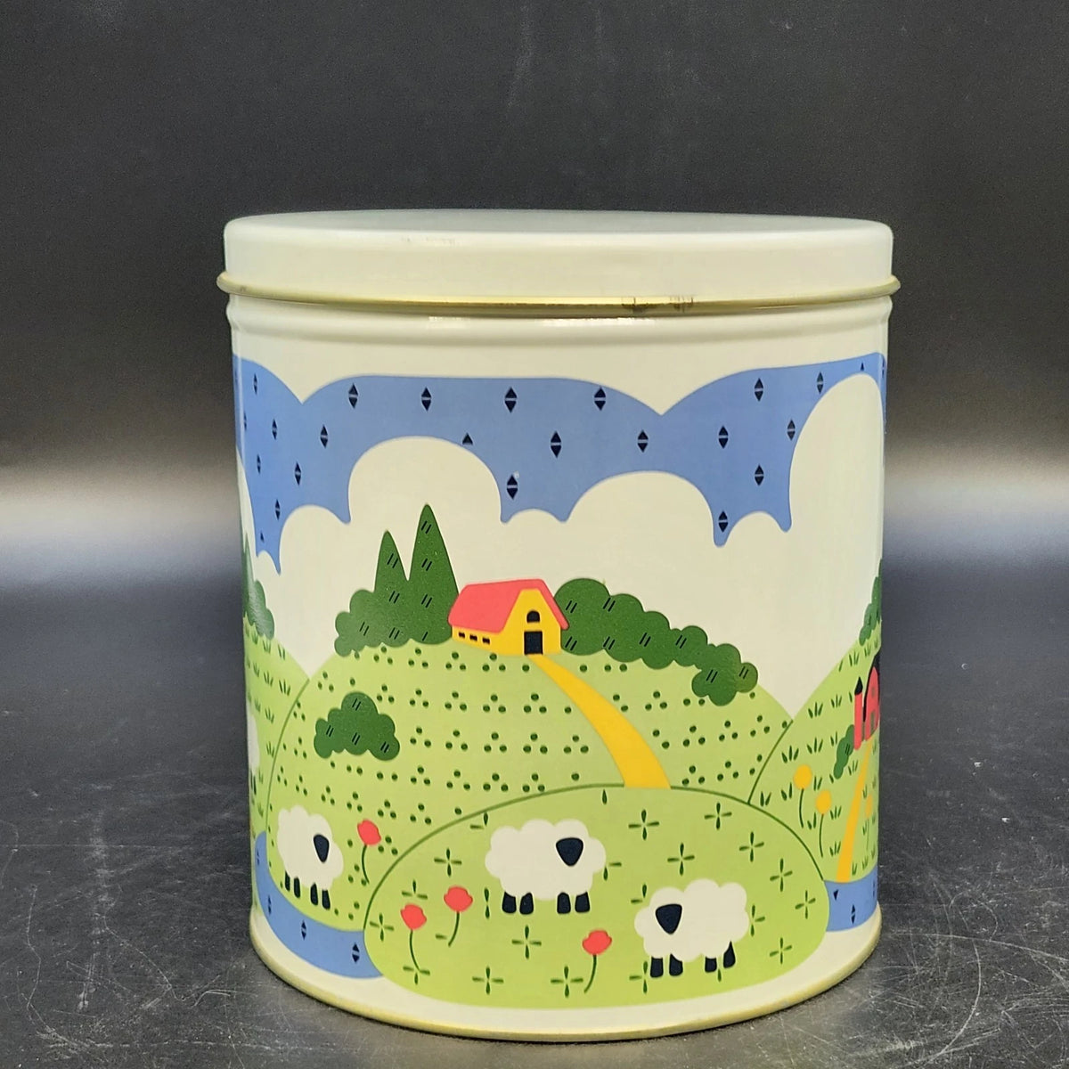 Nina Farm Scene Sheep Tin Canister Set 3 Metal Kitchen Storage Nesting 1982