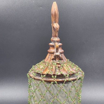 Clear Glass Swirl Decorative Jar w Carved Wood Fleur De Lis Lid & Beaded Chain