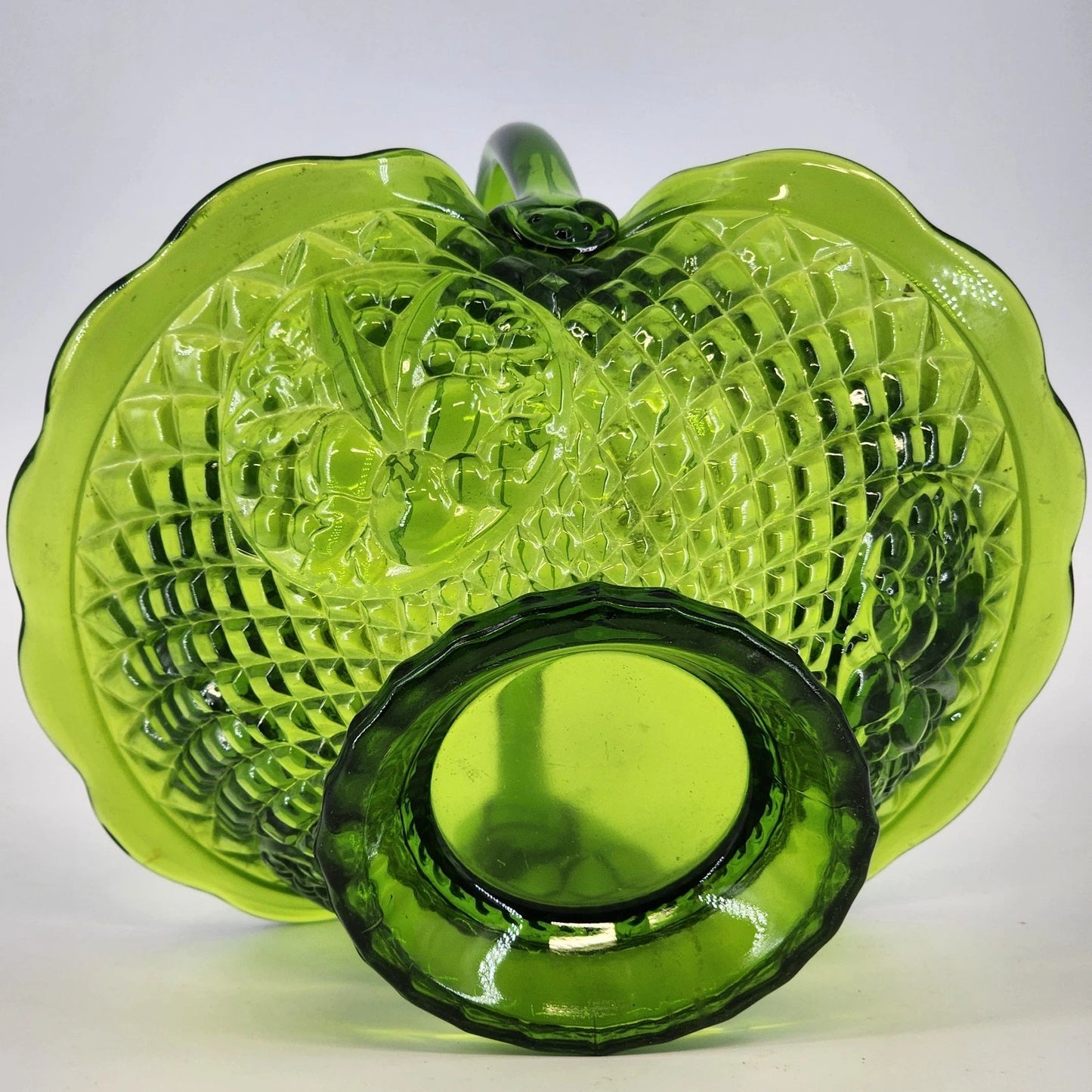 Vintage Fenton Green Glass Basket Diamond Fruit Ruffled Edge Bowl