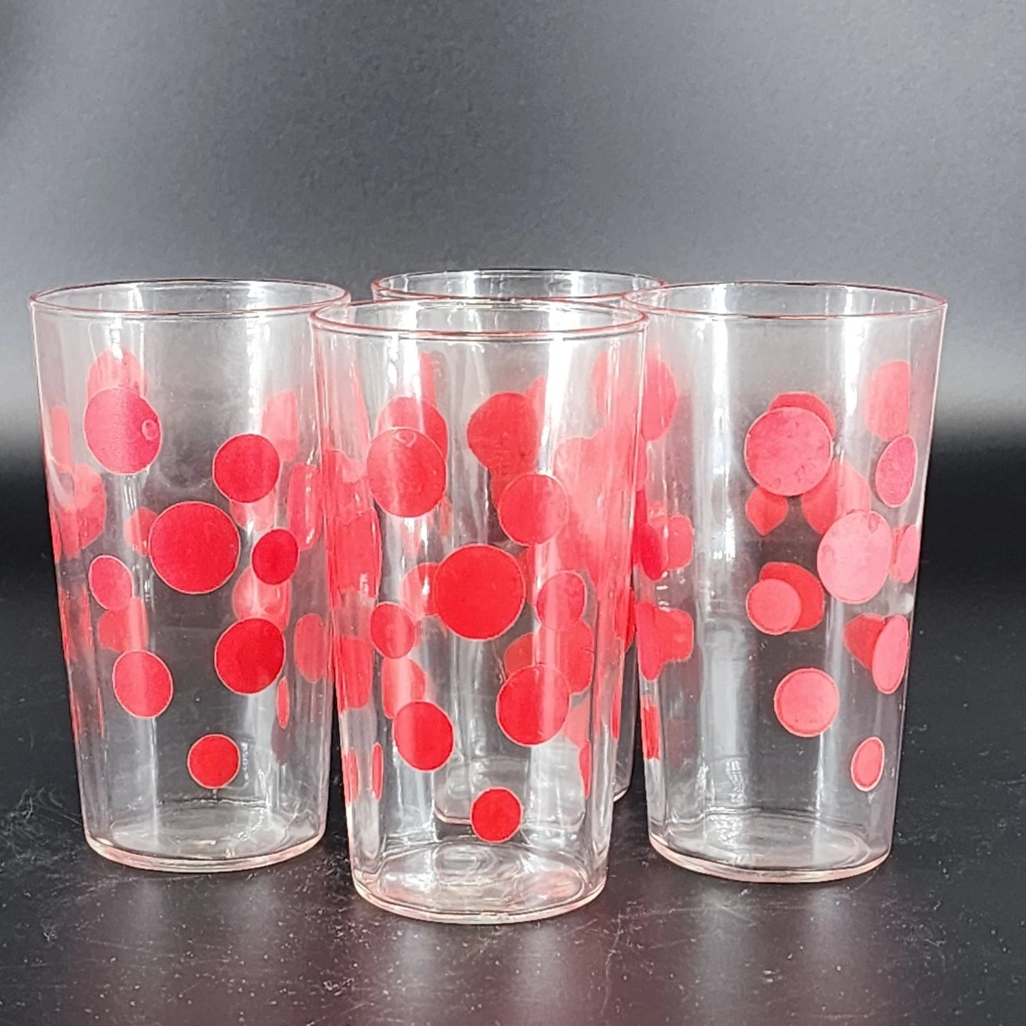 Red Polka Dot Glass Tumblers Set of 4 Clear Drinking Glasses 5" Tall 1960's Vtg