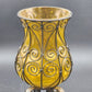 Vintage Amber Glass Caged Centerpiece – 13.5" Hand-Blown Vase or Candle Holder with Metal Footed Base – Rustic Farmhouse Décor