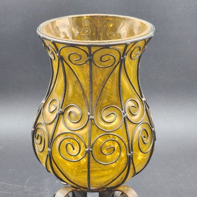 Vintage Amber Glass Caged Centerpiece – 13.5" Hand-Blown Vase or Candle Holder with Metal Footed Base – Rustic Farmhouse Décor