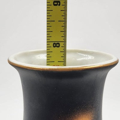 Vintage Kutani Japan Black Porcelain Vase – 8" Hand-Painted with 24K Gold Detailing, White Glazed Interior – Collectible Japanese Art Pottery