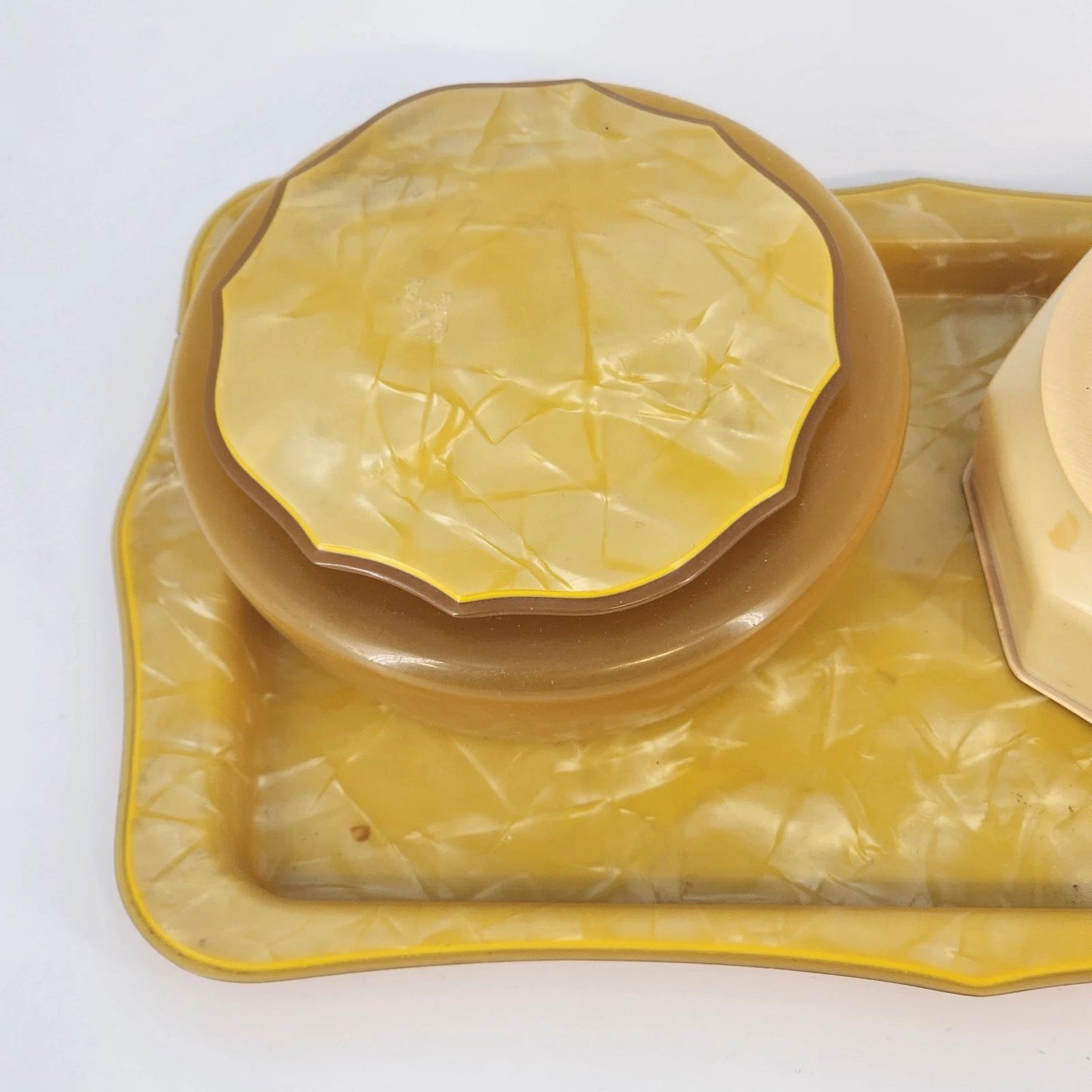 Pyrolene Celluloid 3pc Vanity Set Amber Pearl Marbled Tray & Trinket Boxes 1920s