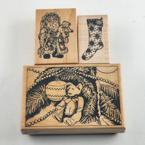 Lot of 3 Holiday Themed Pattern/Design Wooden Mounted Rubber Stamps Vintage