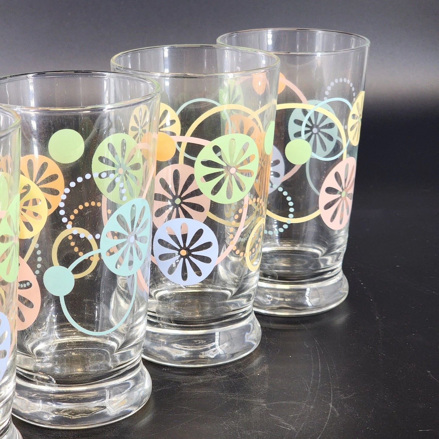 Libbey Atomic Starburst Juice Glasses 4 MCM Flower Power 5” 1970s Vtg Drinkware
