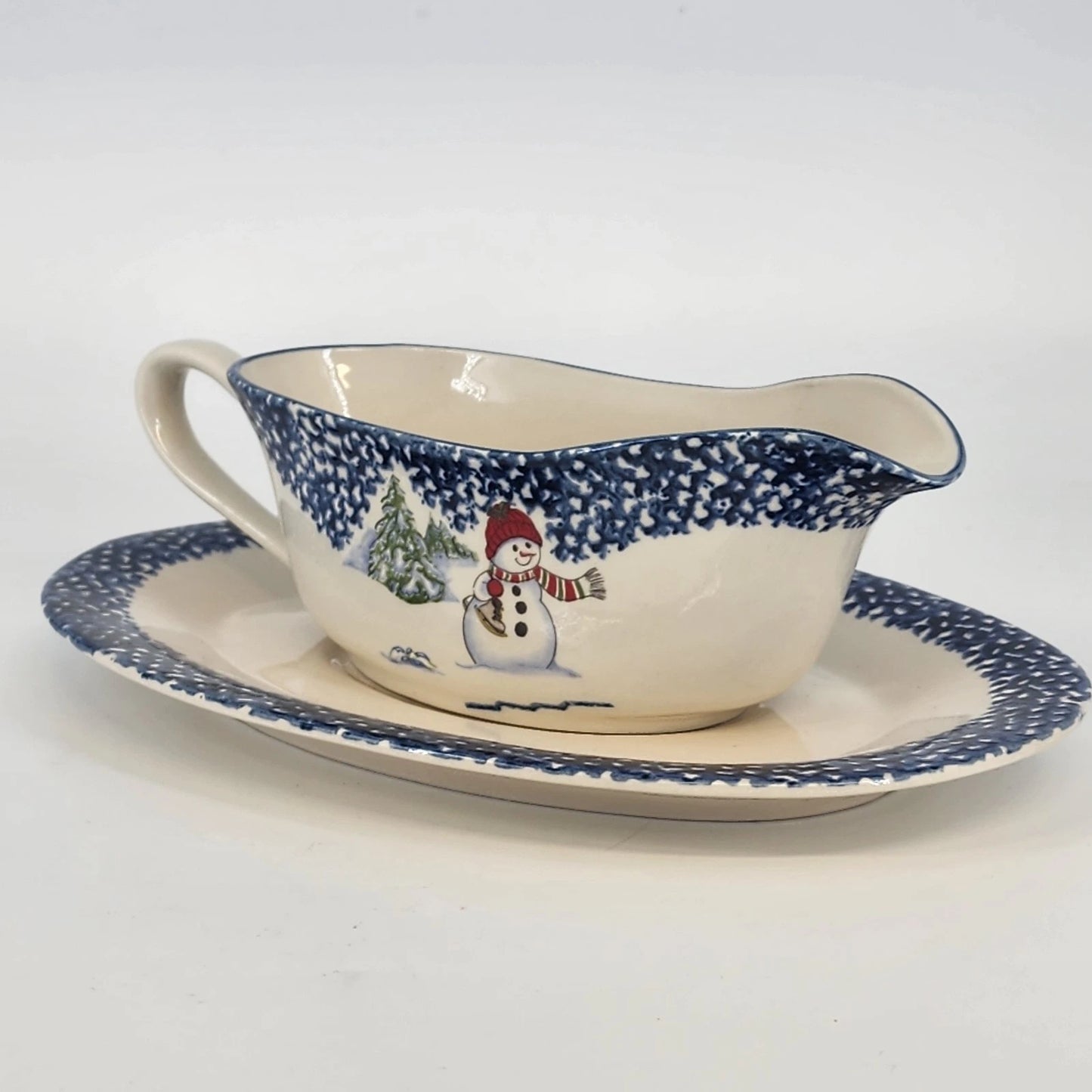 Thomson Pottery Snowman Gravy Boat and Underplate Set Christmas Holiday China