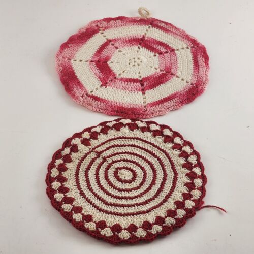 Lot of 2 Round Vintage Hand Crochet Knitted Potholders Red Pink and White