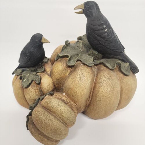 3 Pumpkins and 2 Black Crows Resin Figurine Decoration Autumn Halloween 12" Long