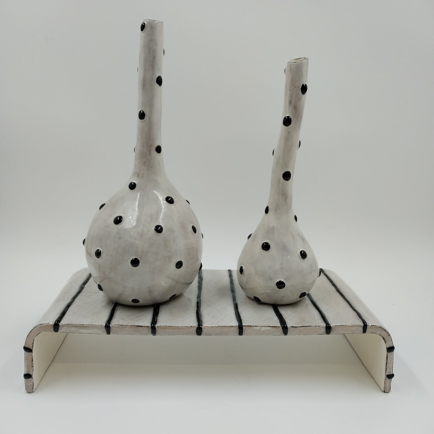 Studio B White Black Polka Dots Art Design with Striped Table Ceramic Vase Set