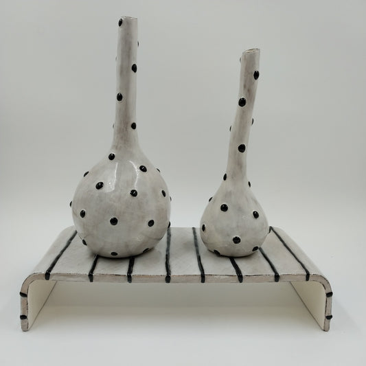 Studio B White Black Polka Dots Art Design with Striped Table Ceramic Vase Set