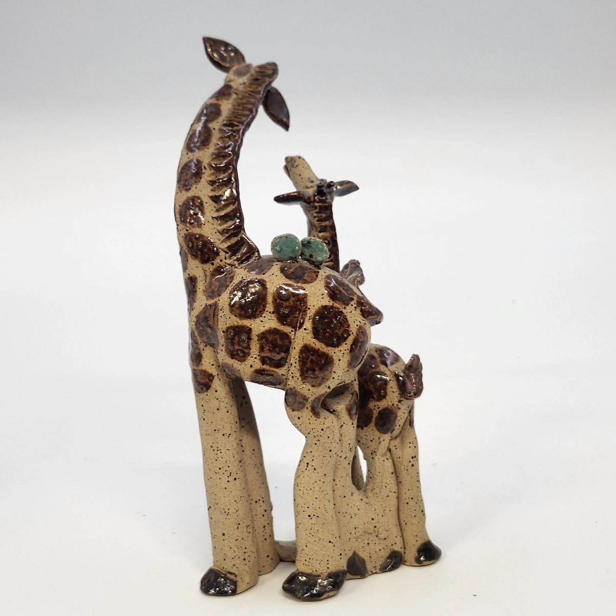 Studio Pottery Giraffe Family Figurine Brown Speckled 7" Artist Marked