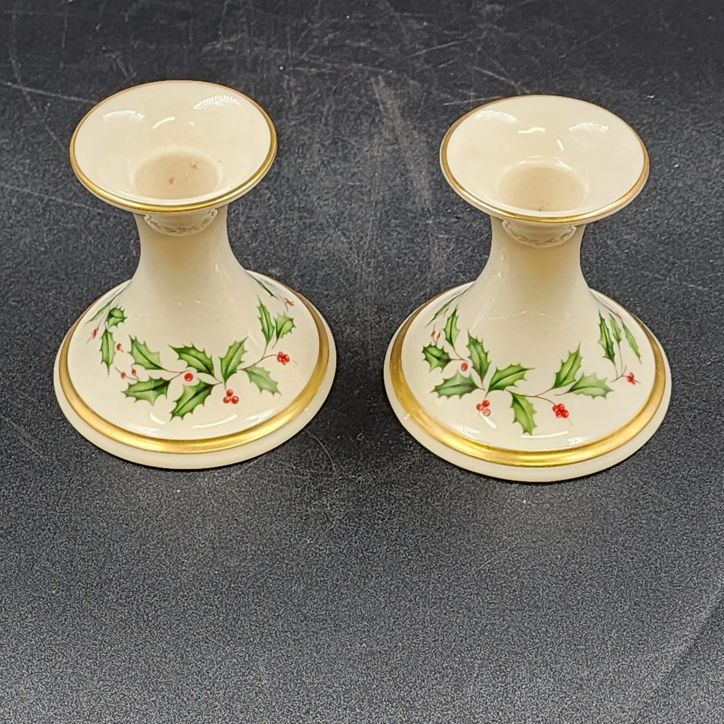 2 Lenox Candlestick Holders Dimension Holiday White China 24K Gold Trim