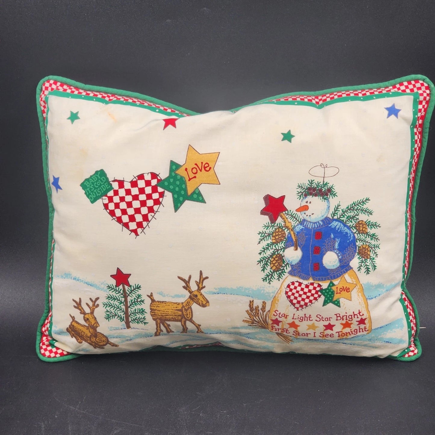 2 Snowmen Christmas Throw Pillows 3 Fun Scenes 16" x 12" Snowmen Stars & Birds