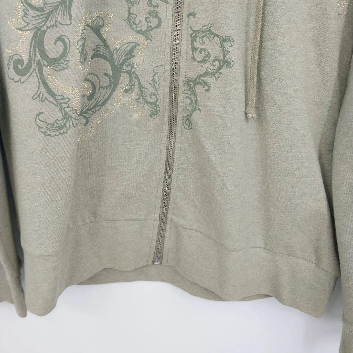 Massini Women's Zip Up Hoodie Size XL Floral Paisley Army Green Cotton Blend Y2K