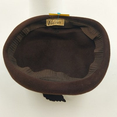 Genuine Velour Ladies Brown Felt Hat with Leaf and Round White Pearl Accent