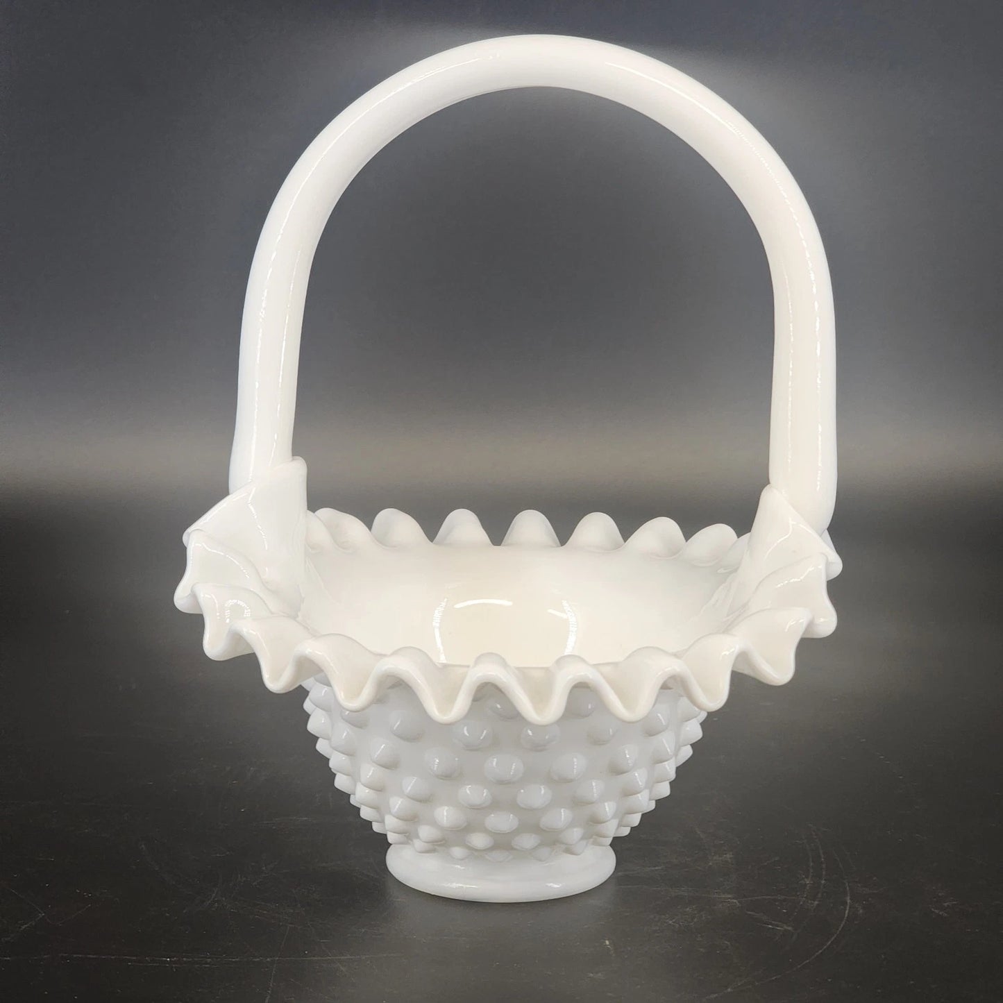 Fenton Hobnail Milk Glass Basket Ruffled Rim Handle White 7" Vintage Art Glass